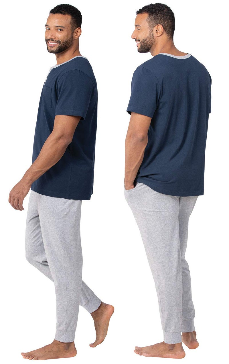PajamaGram Mens Lightweight Jogger Pants Pajama Set 100 Cotton PJ Sets for Men Casual Joggers for Men with Pockets Sets Gray Jogger Pants for Navy Blue Short Sleeve Henley Top LG - Image 2